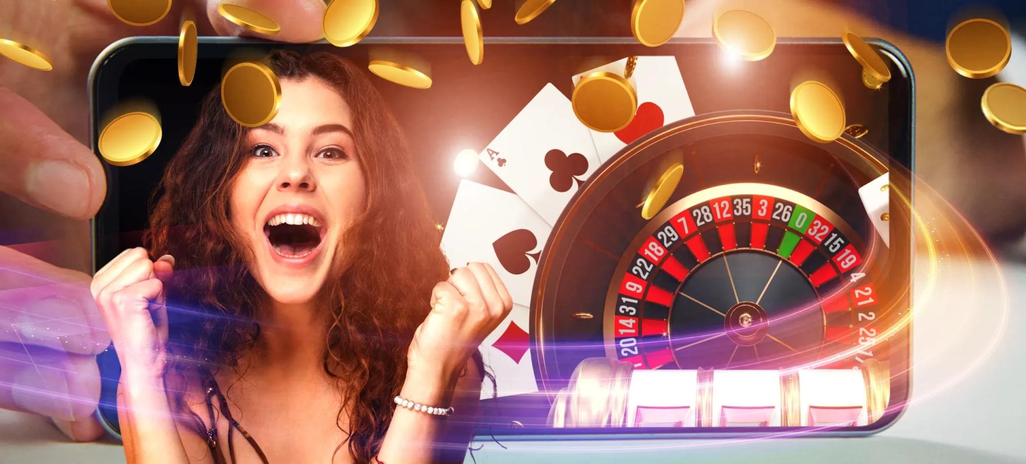 happy excited lady with casino roulette and playing cards background